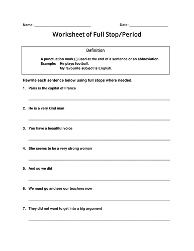 Worksheet of Punctuation Mark-Full Stop / Period