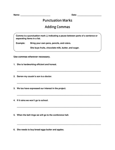 Worksheet of Punctuation Mark- Comma