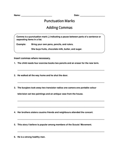 Worksheet of Punctuation Mark-Comma