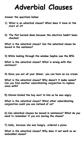 Adverbial Clauses Worksheets - Deeper thinking | Teaching ...