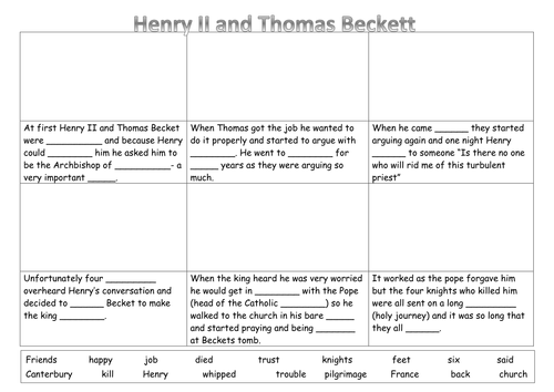 EAL/SEN/Primary Henry II and Thomas Beckett cartoon strip