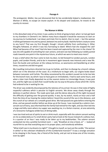 CIE IGCSE English Language 9-1 Practice Paper - Woman in White for questions a-f