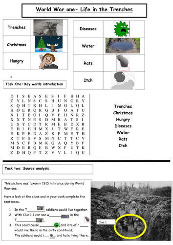 EAL/SEN Life in the Trenches Worksheet World War One