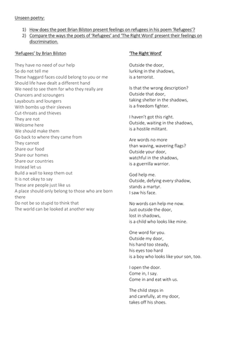 Unseen poetry AQA 9-1 Spec GCSE