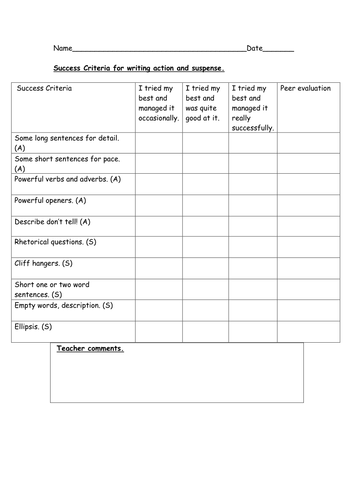 Success criteria  self and peer evaluation sheet for action and suspense writing