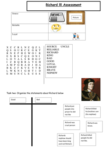 EAL/SEN/Primary Richard lll assessment or challenge worksheet