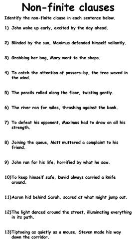 non finite clause worksheets teaching resources