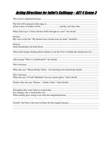 Use the writing frame to write acting directions for Juliet's soliloquy in Act 4 Scene 3