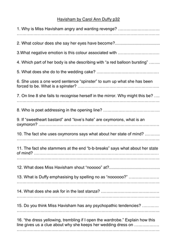 Havisham by Carol Ann Duffy 2 Worksheets