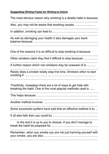 Writing to inform writing frame on the dangers of smoking.