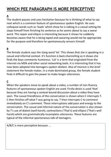 Analysing spontaneous spoken English. 3 model paragraphs to compare.