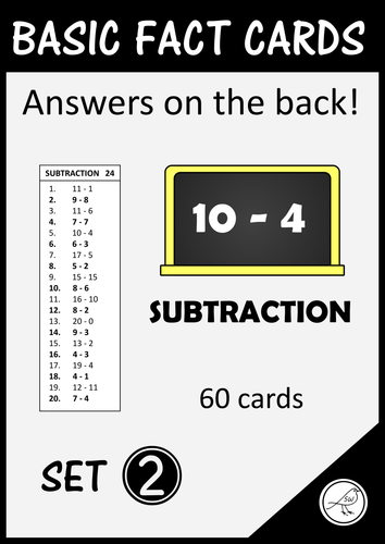Math Basic Fact Cards – Set 2 - Subtraction