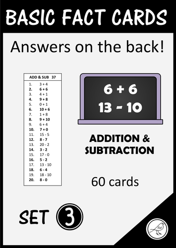 Math Basic Fact Cards – Set 3 – Addition and Subtraction | Teaching ...