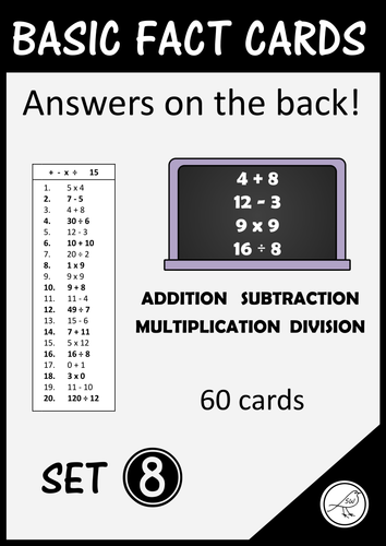 Math Basic Fact Cards – Set 8 – Addition Subtraction Multiplication and Division