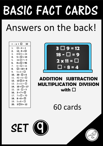Math Basic Fact Cards –Set 9– Addition Subtraction Multiplication Division & box