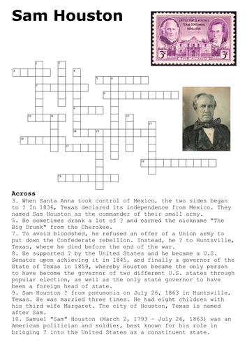 Sam Houston Crossword Teaching Resources