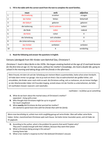 Comprehension questions based on 'Wir Kinder vom Bahnhof Zoo'