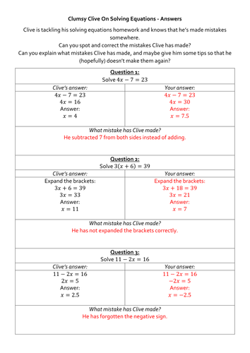 Clumsy Clive On Solving Equations