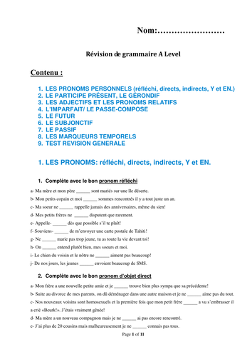 French A Level Grammar Revision Booklet with Test