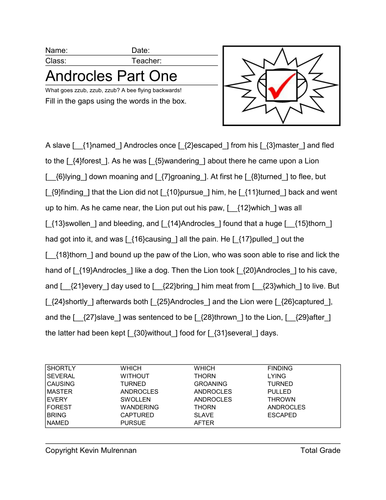 Aesop Fable Cloze Test Androcles Classics Latin