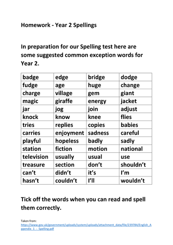 year 2 spelling words homework