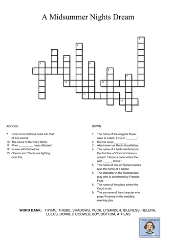 KS2 A Midsummer Night's Dream Crossword (LAP Word Bank inc) - Shakespeare Week