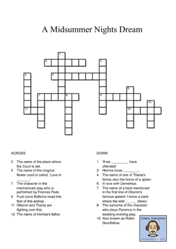 KS2 A Midsummer Nights Dream Crossword (Answers Inc) - Shakespeare Week