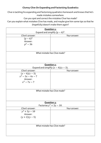 Clumsy Clive On Expanding Two Brackets and Factorising Quadratics