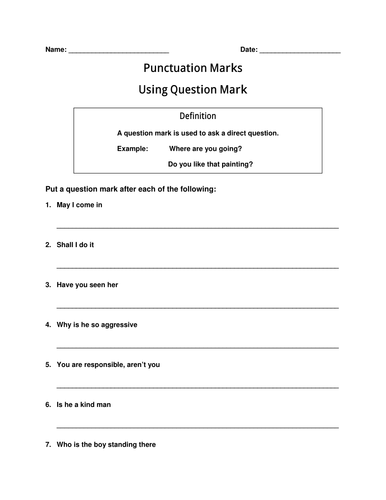 Worksheet of Punctuation Marks-Question Mark