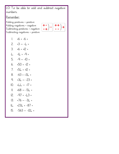 Negatives tasks: sequencing, finding intervals across zero, adding and subtracting negatives