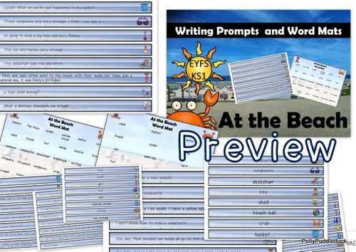 At the Beach Differentiated Writing Prompts and Seaside/Beach Word Mats for EYFS/KS1
