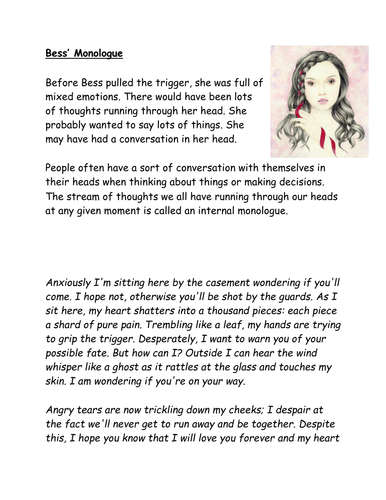 The Highwayman. Bess' monologue support sheets.