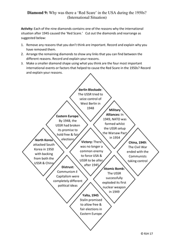 Diamond 9 How Did The International Situation Led To The Red Scare In The 1950s Teaching Resources