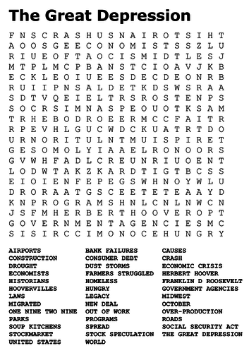 The Great Depression Word Search