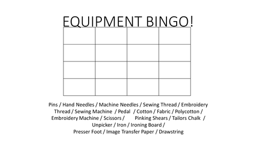 Fashion & Textiles Equipment Bingo - Vocabulary Literacy Starter Activity