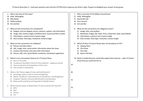MEDIA GCSE AQA TV GAME SHOWS multiple choice QUIZ X2
