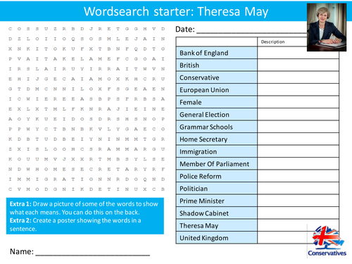Politician Theresa May Prime Minister 6 x Starters Wordsearch Crossword Anagram Cover Lesson