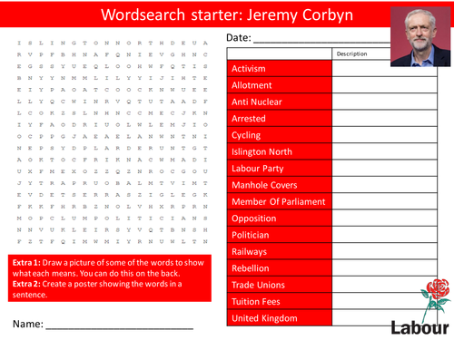 Politician Jeremy Corbyn Labour Party 6 x Starters Wordsearch Crossword Anagram Cover Lesson