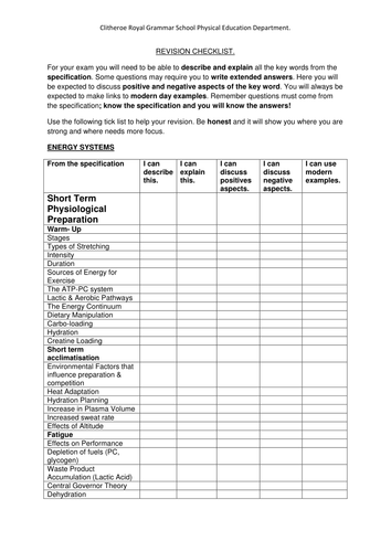 Edexcel A level PE Revision Checklists