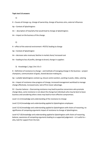A level Edexcel Business New Spec Unit 3.6 Topic test and answers