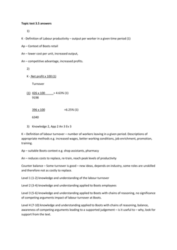 A level Edexcel Business New Spec Unit 3.5 topic test and answers