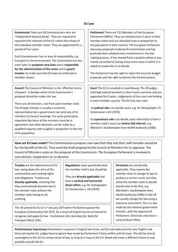 EU Law one page revision document suitable for AS/GCSE