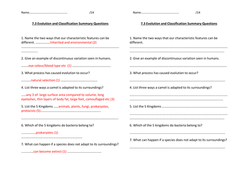 y7 Evolution and Classification summary questions