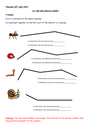 Add and Subtract lengths of Insect Journeys