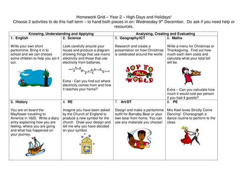 Year 2 High Days and Holidays (celebrations) topic web and creative homework grid of activities.