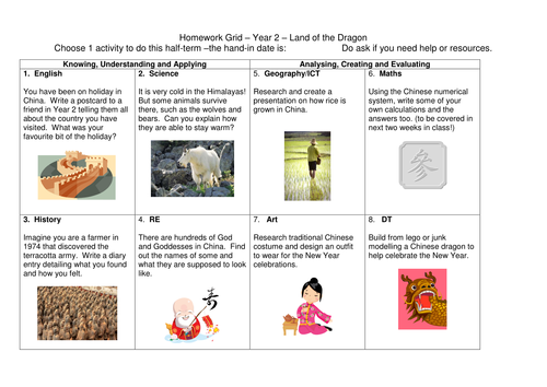 Year 2 Land of the Dragons (China) cross-curricular topic web and creative activities homework grid.