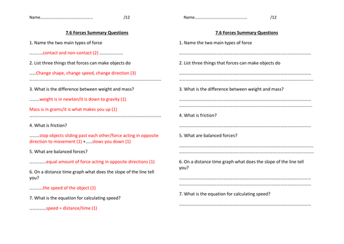 y7 Forces summary questions