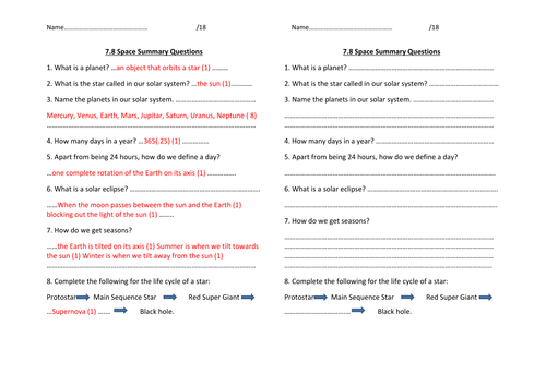 y7 Space summary questions