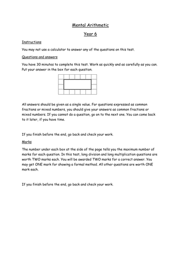 Year 6 SATs Mental Arithmetic Test Spring 1