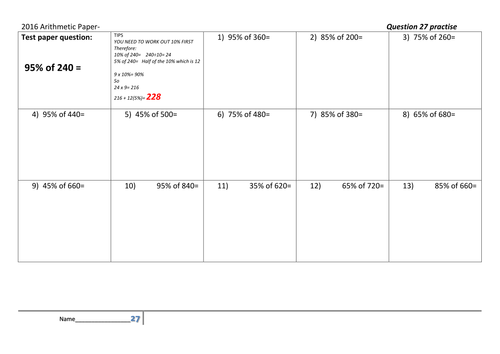 SATs Arithmetic Paper Practise-Based on Q27-36 of 2016 SATs (with answers)